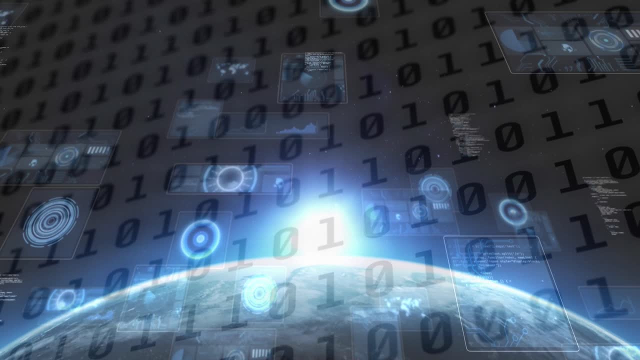 animación de escaneos y procesamiento de datos en pantallas a través de codificación binaria y globo