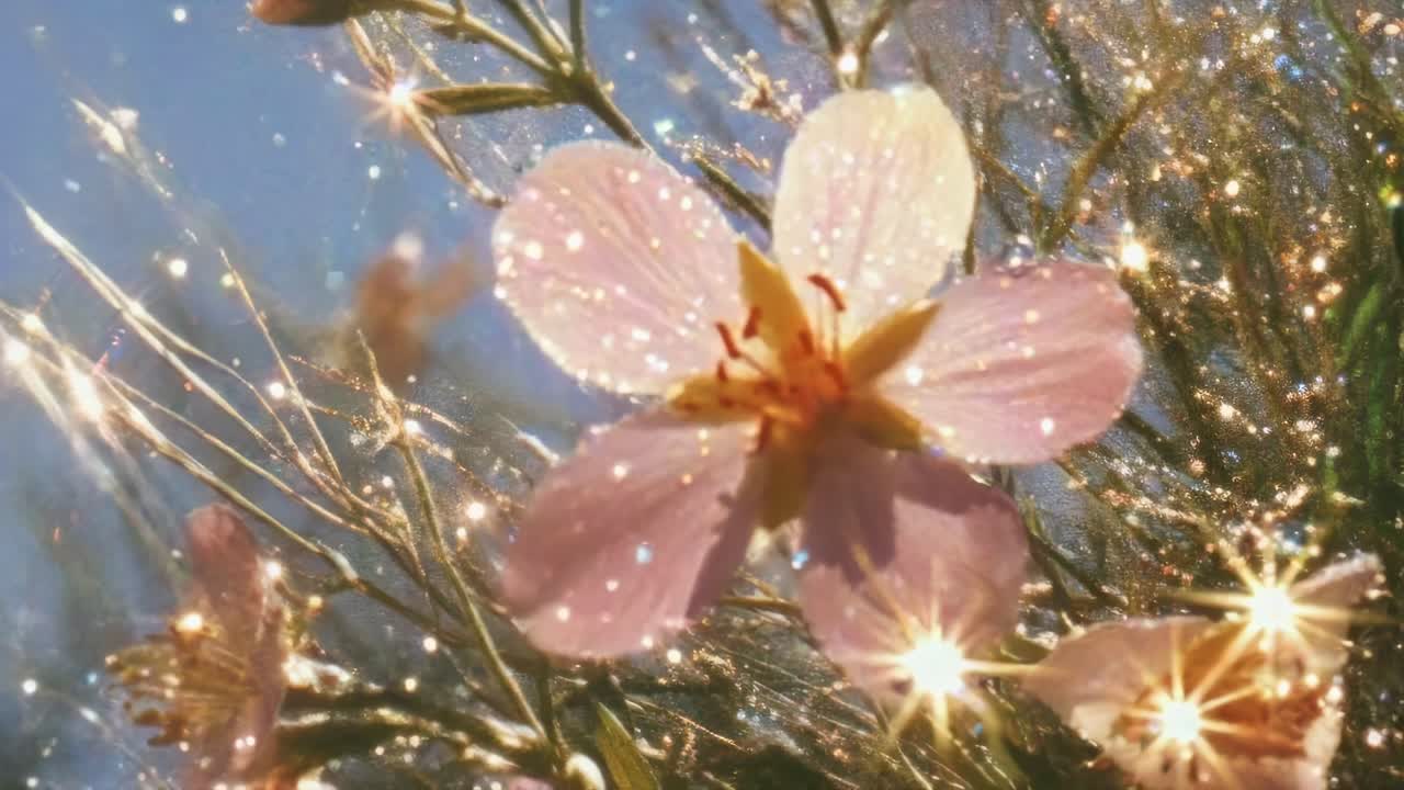 Close-up video shot of a sparkling flower with a dreamy, ethereal style, capturing sunlight