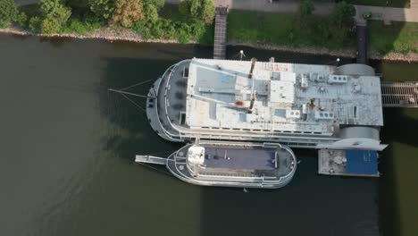 aerial top down view of paddleboat, steamboat, showboat in river