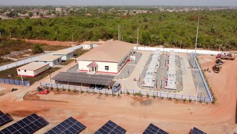 high angle aerial view of solar power station with lifepo4 battery energy storage