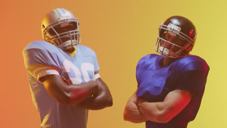 video of diverse american football players over yellow to orange background