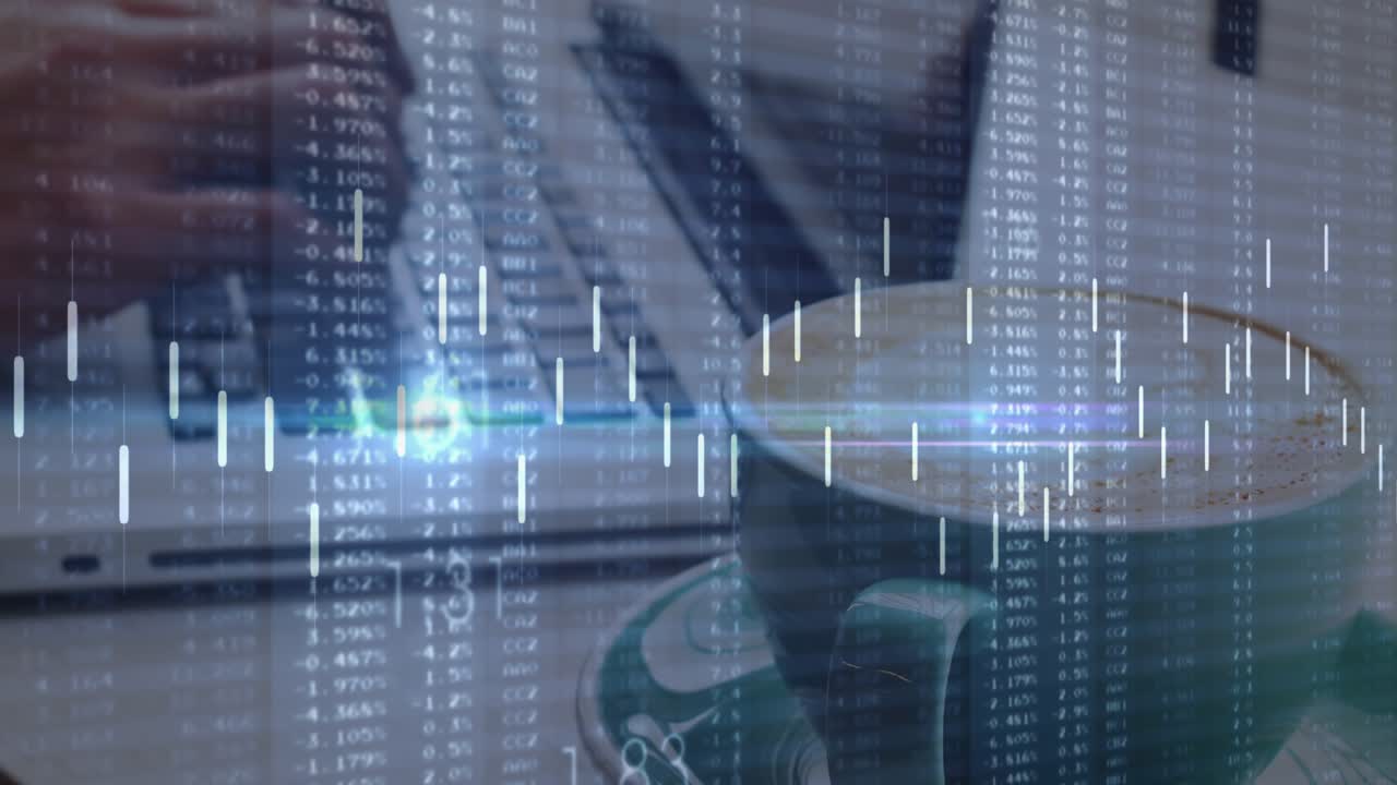 Animation of financial data processing over caucasian woman using laptop