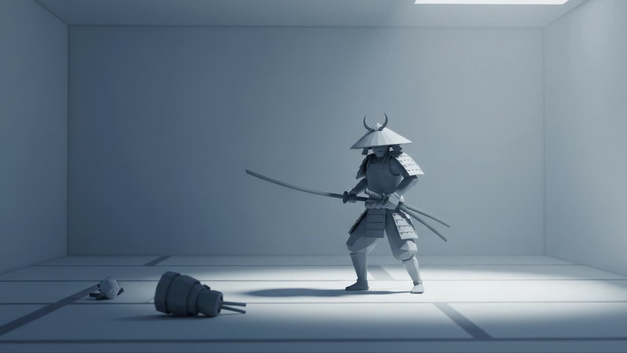 A Dynamic Scene of a Warrior in Traditional Armor Preparing for Combat in a Minimalistic Space, Highlighting the Elegance and Power of Martial Arts Expression