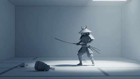 a dynamic scene of a warrior in traditional armor preparing for combat in a minimalistic space, highlighting the elegance and power of martial arts expression