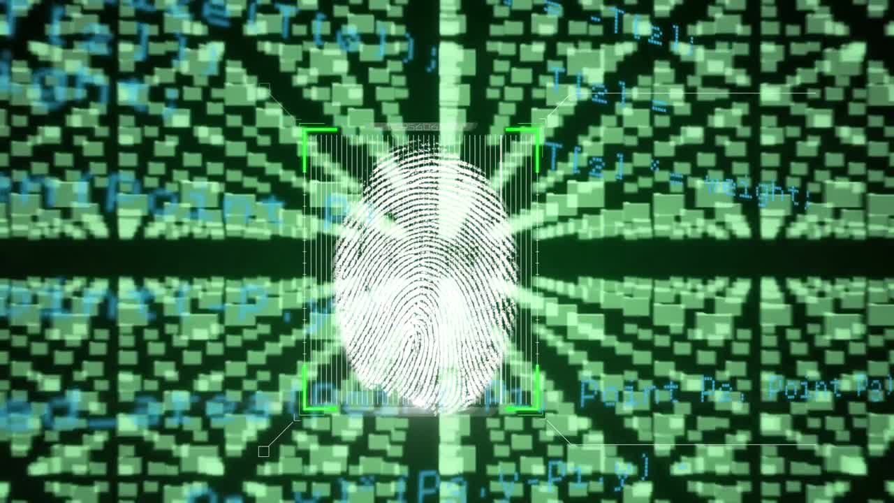 Animation of fingerprint and folders over data processing on digital padlock