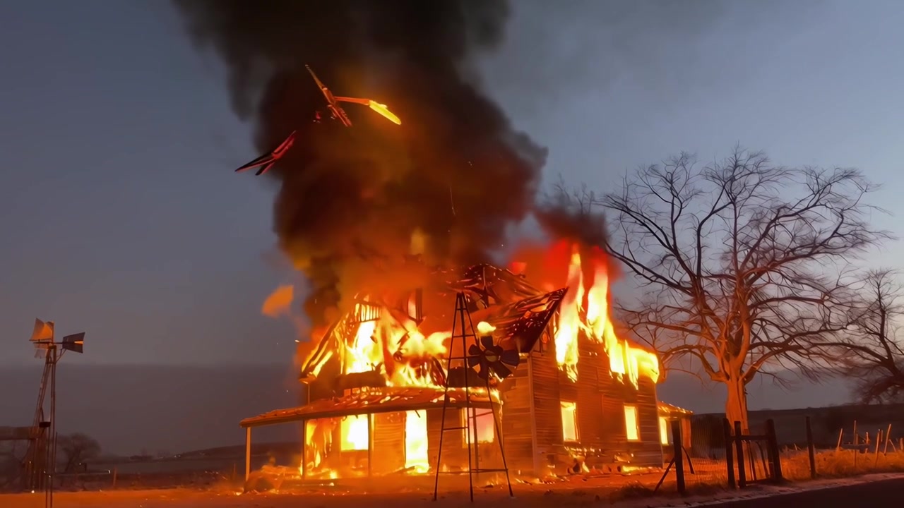 Casolare antico avvolto dalle fiamme al tramonto