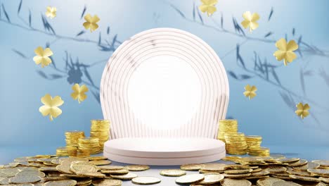 prosperity in bloom: golden coins and clover leaves surrounding a white circular display blue background mockup