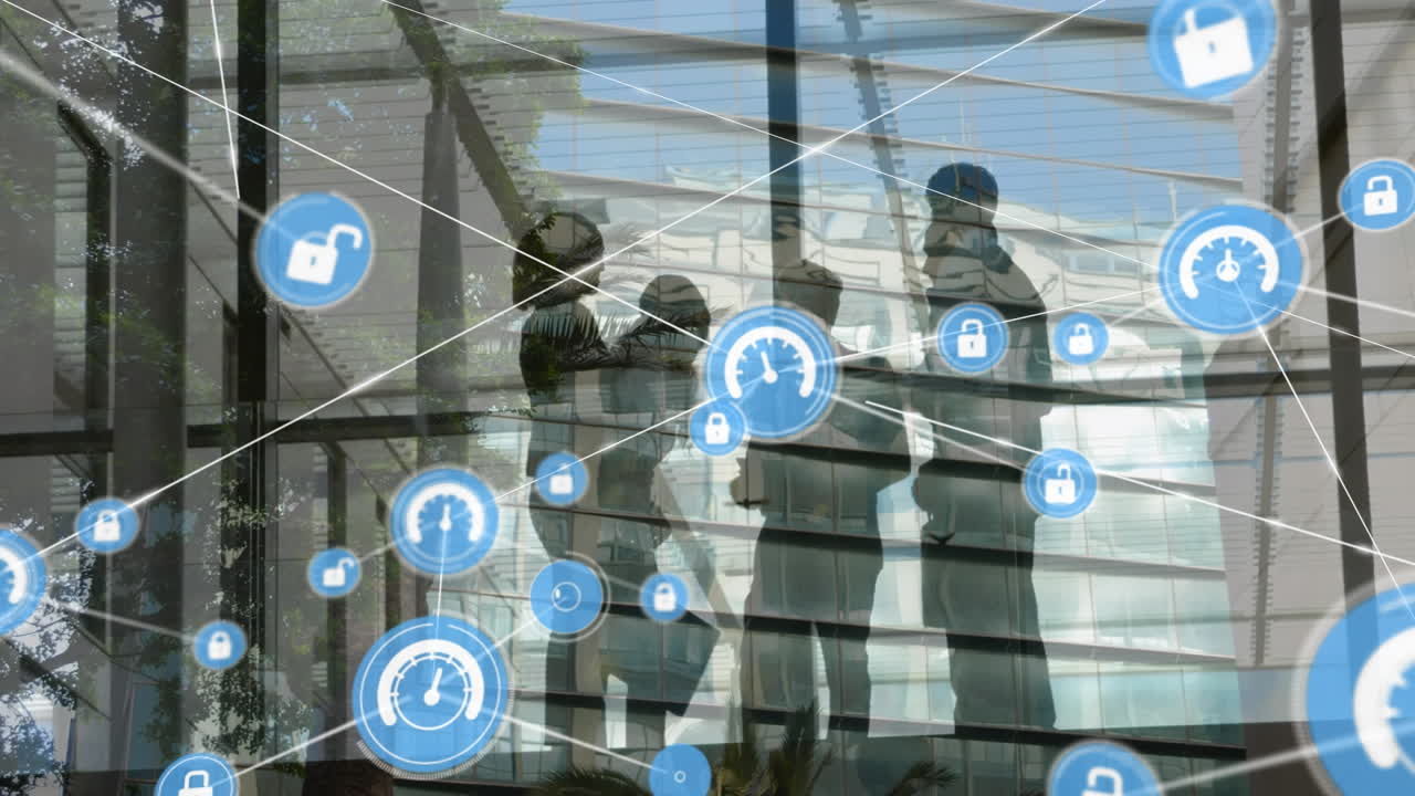 Animation of network of connections with icons over diverse business people and cityscape