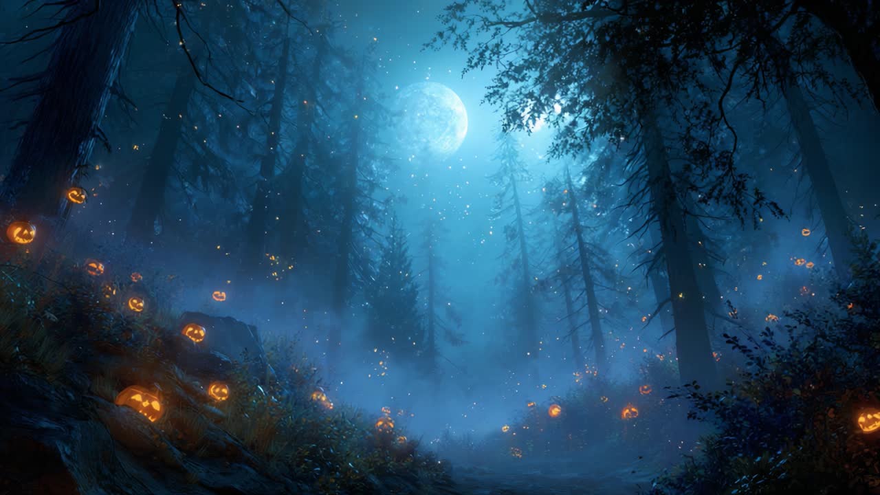A Mystical Halloween Forest: Enchanted Moonlit Pathway Illuminated by Glowing Pumpkins Amongst the Shadows of Tall Trees and Mist in a Spooky Atmosphere