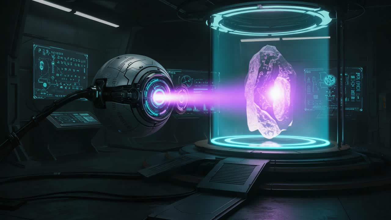 A futuristic laboratory scene showcasing a high-tech spherical device interacting with a glowing crystalline structure, highlighting advanced technology and sci-fi aesthetics