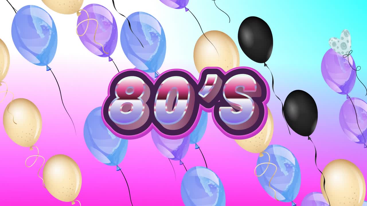 Animation of 80's text over colorful balloons on purple background