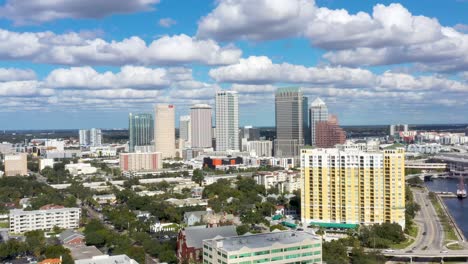 tampa bay city skyline in florida, aerial establishing view with copy space