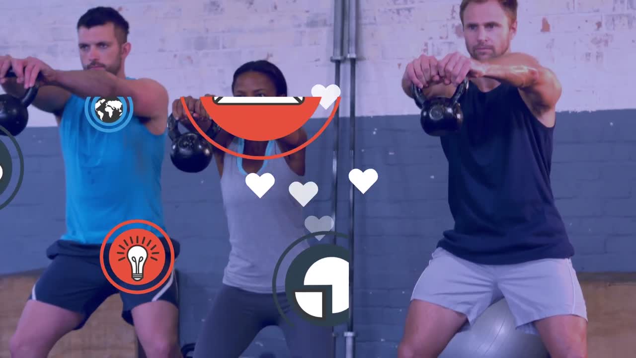 체육관에서 운동하는 다양한 스포츠 선수들에 대한 데이터 처리의 애니메이션