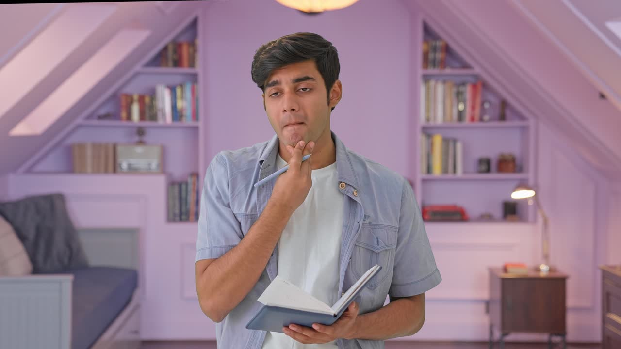 niño indio confundido pensando y escribiendo