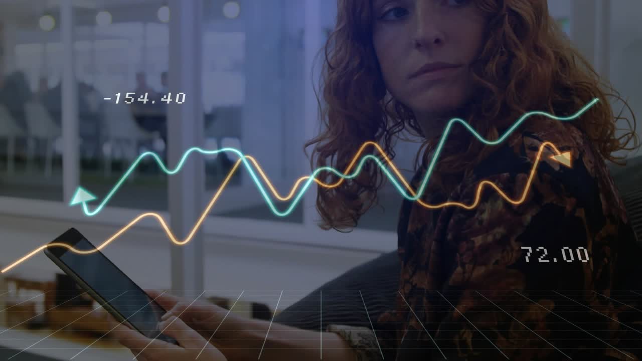 Business analyst holding tablet viewing data curves rising, intertwining, descending after tapping