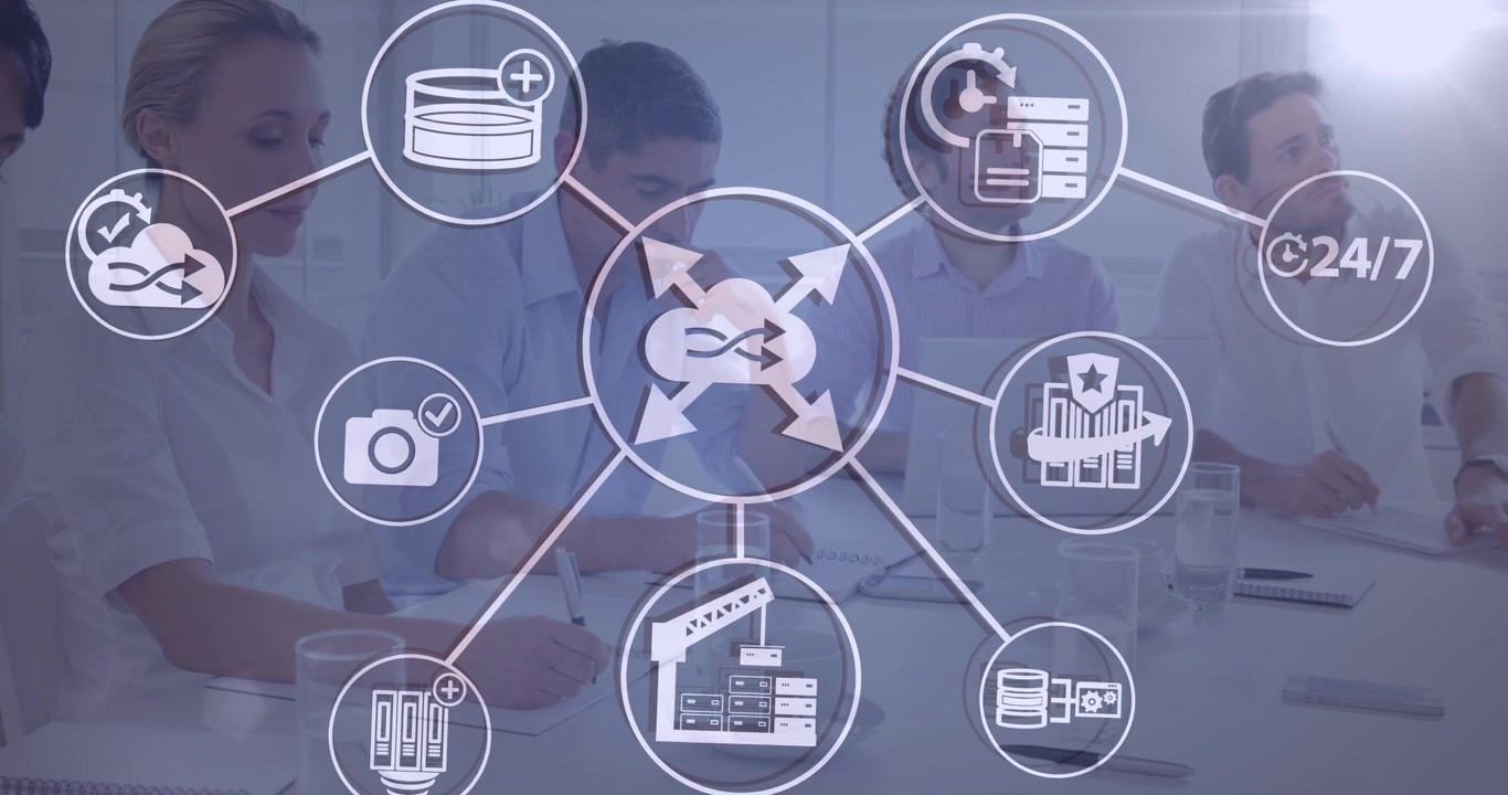 Animación de iconos tecnológicos y conexiones sobre diversos profesionales en una oficina.