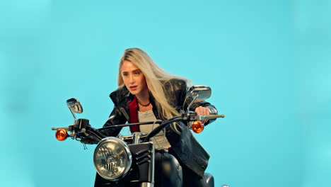 motorbike, studio and woman travel on a ride