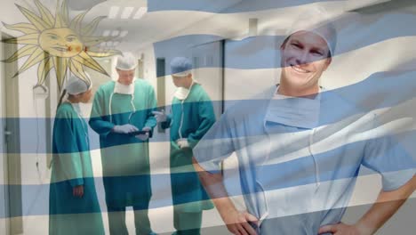 Animation-of-flag-of-uruguay-over-diverse-doctors-smiling-and-talking