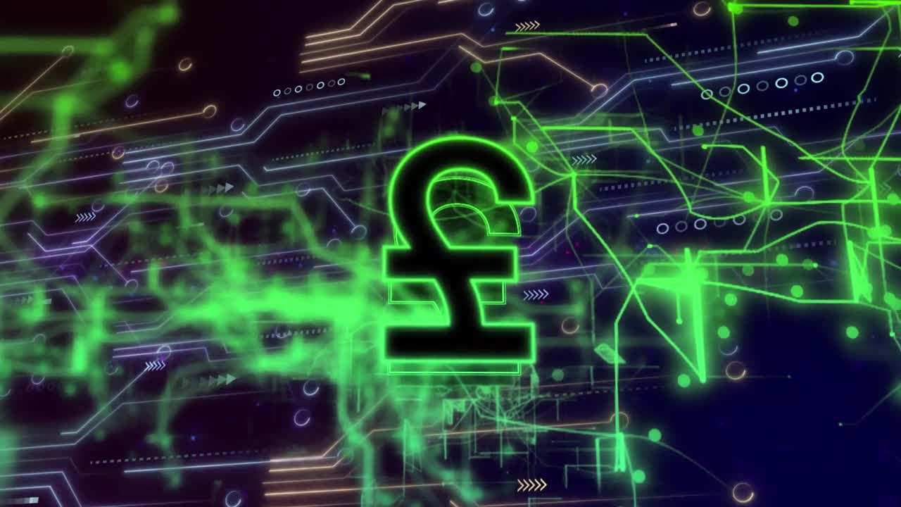 검은색 배경에 있는 데이터 처리 및 파운드 기호의 애니메이션