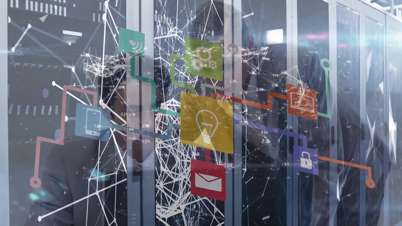 컴퓨터 서버를 통해 연결 네트워크와 소셜 미디어 아이콘으로 지구상의 애니메이션