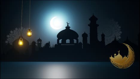 4k eid mubarak diseño islámico colgando linterna de vela de ramadán y mezquita, animación de fondo abstracta. eid muborak concepto de diseño islámico con ramadán. celebración religiosa de la fiesta musulmana asiática