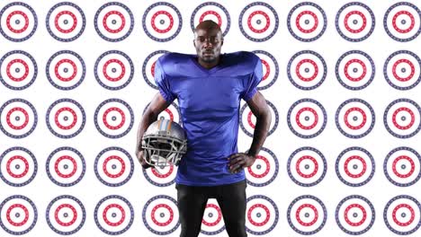 Animation-of-american-football-player-over-american-flag-pattern-and-colour-circles