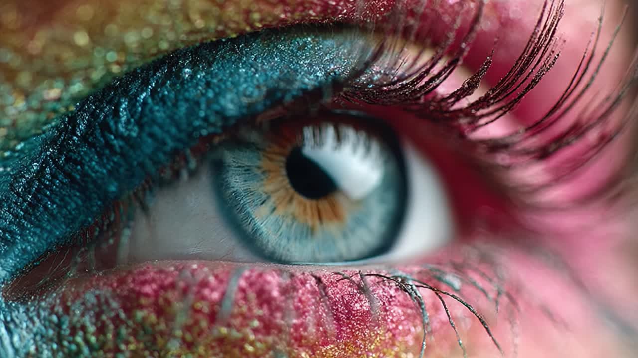 A Close-Up View of a Colorful Eye with Shimmering Makeup, Showcasing the Intricate Details of Eyelashes and Luminous Patterns That Catch the Light