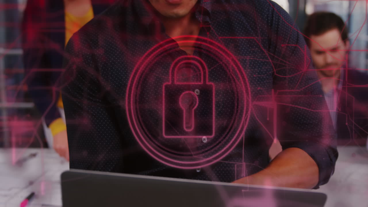 animación de bloqueo de seguridad y conexiones sobre empresario biracial usando portátil en la oficina