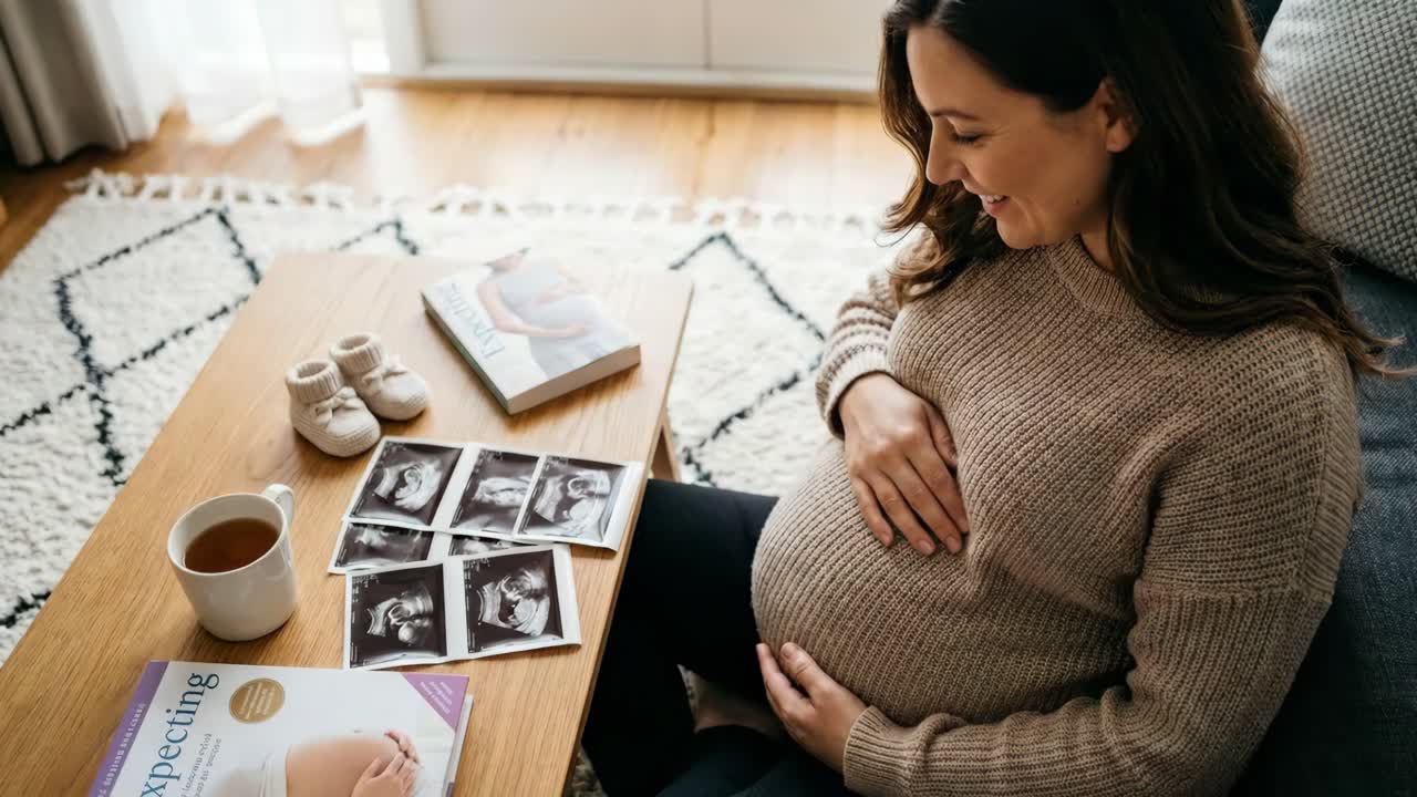 Pregnant Woman Looking at Sonogram Photos at Home
