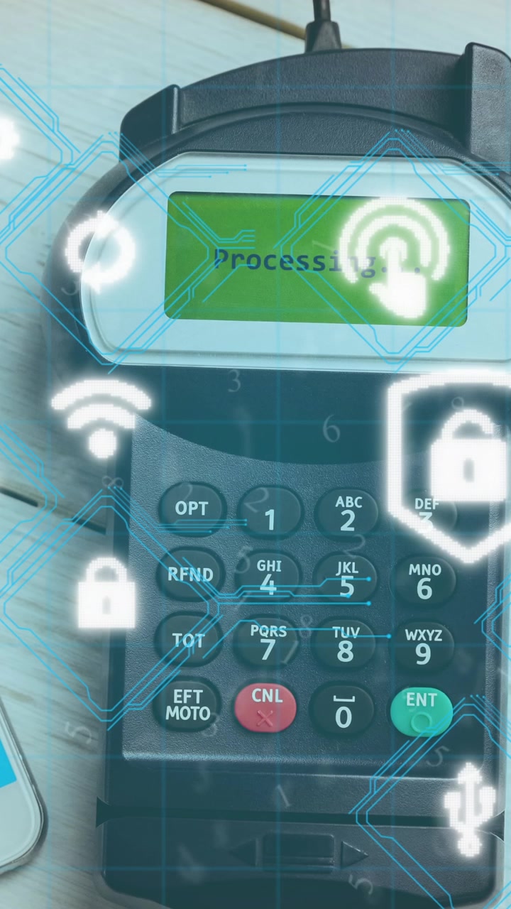 Animation of wi fi icons over smartphone and payment terminal