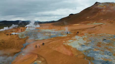 Aerial view of hot springs in Hverir, Iceland.