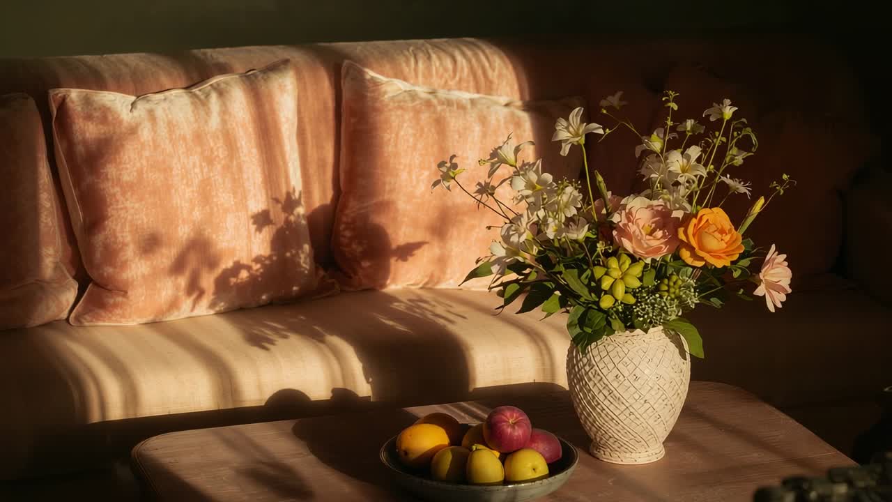 Sonnenlicht gleitet vom linken Fenster über ein pfirsichfarbenes Sofa, zeigt Vase, Rosen und Obstschale, Freiraum für Text.