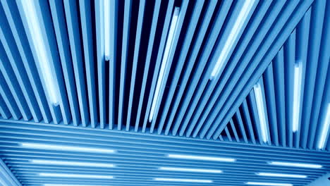 embossed plank ceiling with bright illumination. led lamps of day light from low angle perspective.
