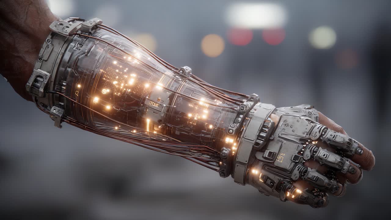 Futuristic Cybernetic Arm: A Visual Exploration of Robotics and Technology Representing the Union of Human and Machine in a Dystopian World