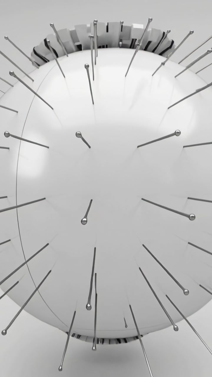 Vertical video: Splitting seam revealing striped globe opening in studio, exposing interior pins