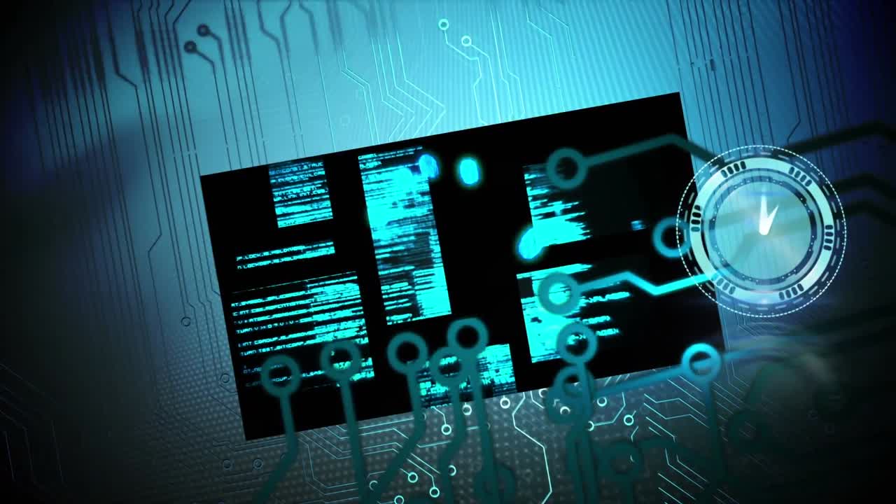 animación de una placa de circuito de computadora con candado, escaneos biométricos de la mano y la retina
