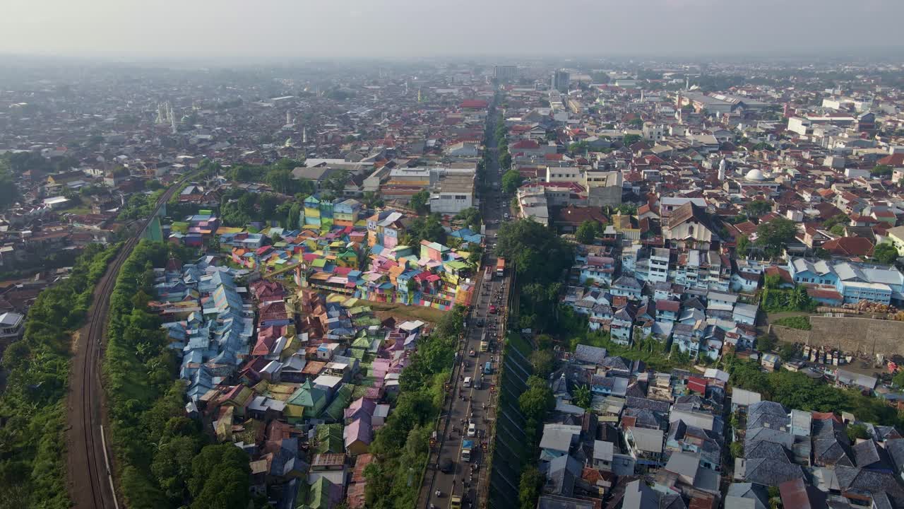 bustling streets and densely populated areas of Indonesia, portraying the vibrancy of urban life intertwined with the harsh realities of poverty and pollution