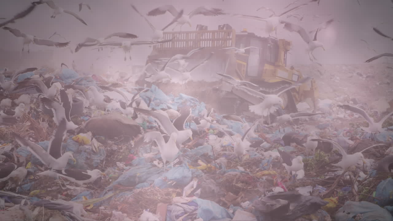 쓰레기 처리 장소 에 있는 새 들 위 에 분홍색 빛 을 비추는 불빛