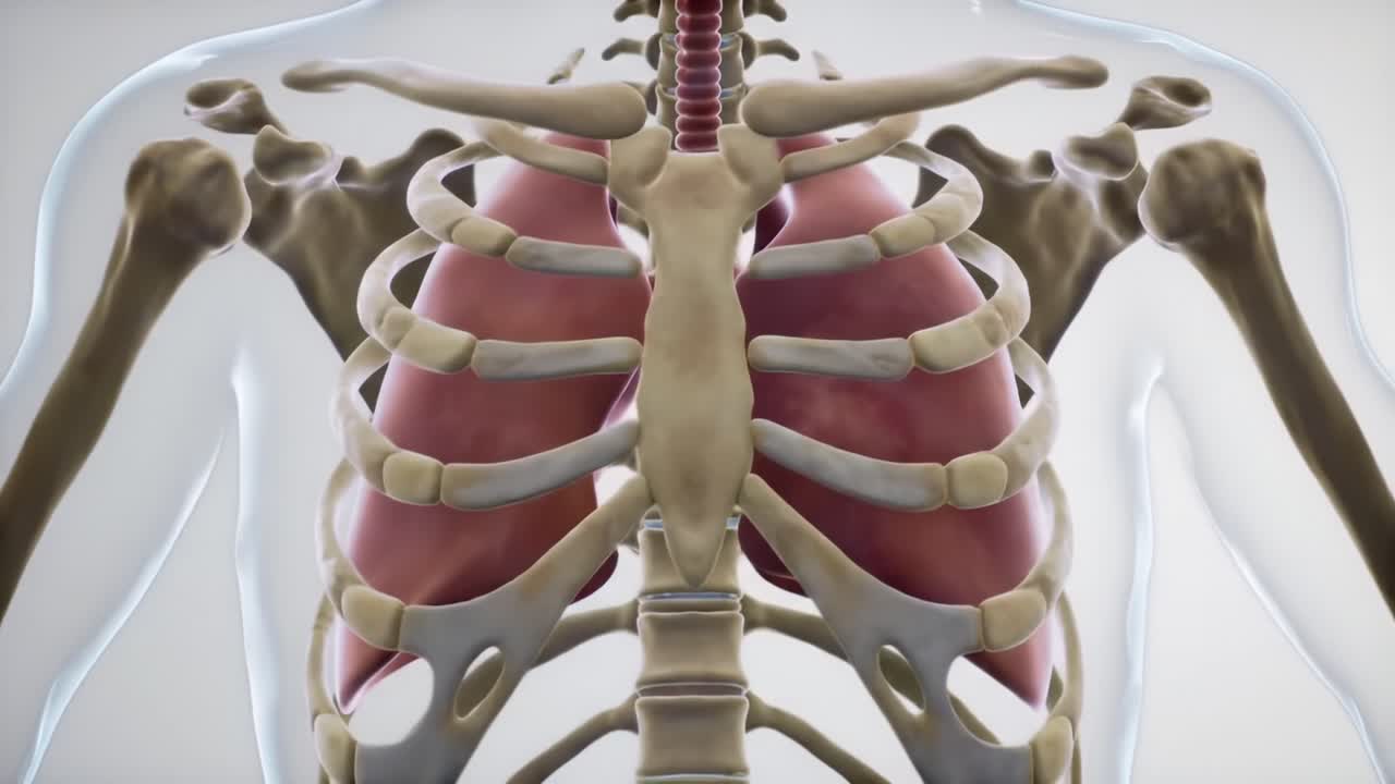 Detailed Anatomical Visualization of Human Rib Cage and Lungs Highlighting the Structure and Functionality of Respiratory Organs in a Clear Overlay