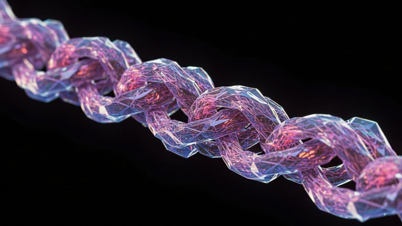 A Stunning Close-Up of a Stylized Chain with Iridescent Textures, Showcasing Its Unique Geometry and Luminous Colors Against a Black Background