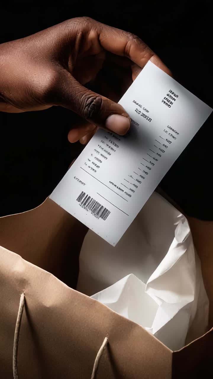 A person's hand holding a purchase receipt from a shopping bag, symbolizing the act of shopping or retail experiences with an emphasis on consumer transactions