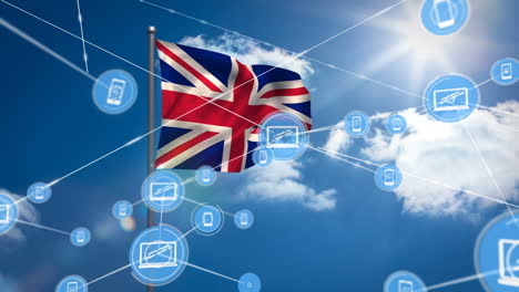 animation of network of connection and icons over uk flag and cloudy sky