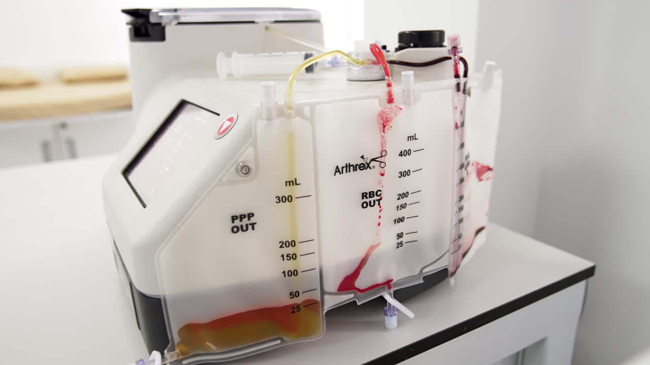 Plastic bag on the centrifuge machine is being filled with newly-extracted plasma. Prp technology treatment.