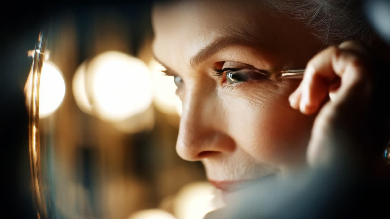 A graceful moment captured as a mature woman applies eyeliner in front of a mirror, showcasing timeless beauty and elegance amidst soft, glowing background lights
