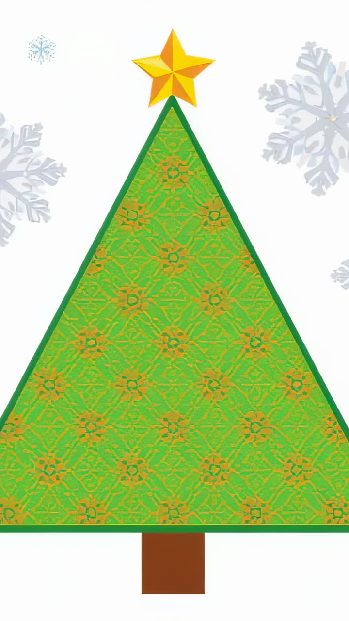 Vertical video: Moving background flakes keeping green tree central on white with star trunk