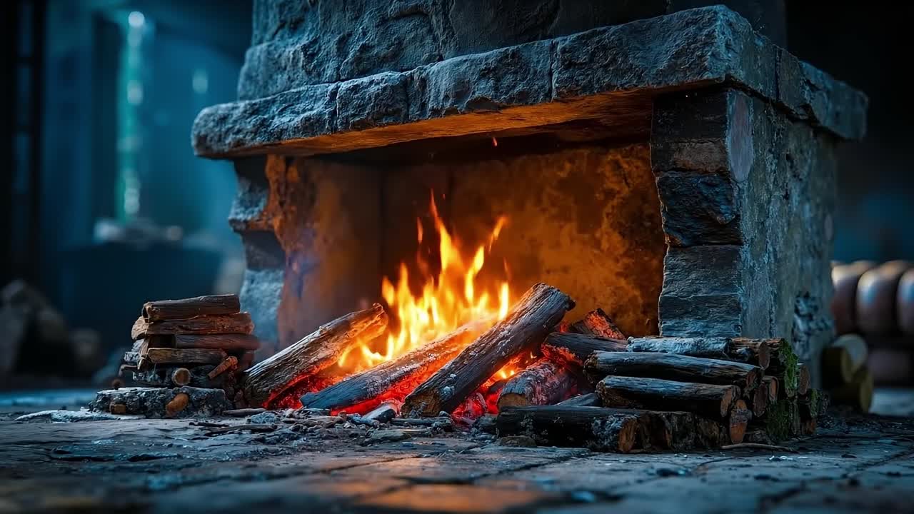 A fire burns in a stone fireplace in a dark room