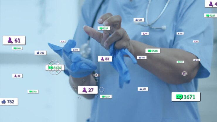 female healthcare pro putting on gloves with stethoscope in clinic, showing floating social metrics