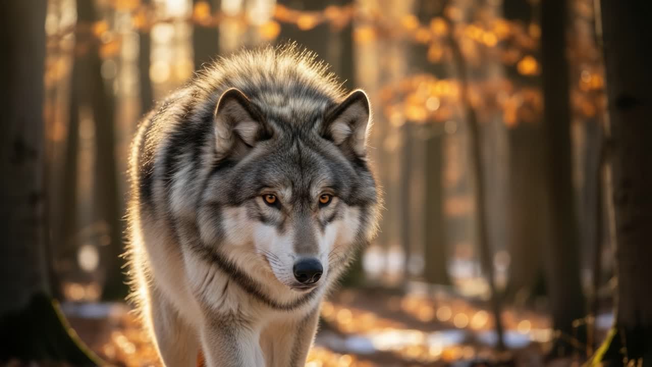 A Majestic Wolf in Autumn Woods: Captivating Scenes of Nature's Wild Beauty Captured in Stunning Detail Amidst Golden Foliage and Soft Light