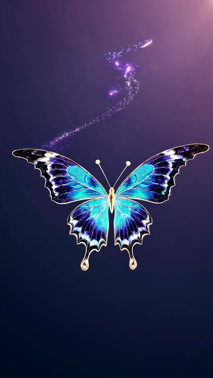 Una farfalla blu vibrante con bordi luminosi su uno sfondo scuro, ripresa da un'angolazione bassa.