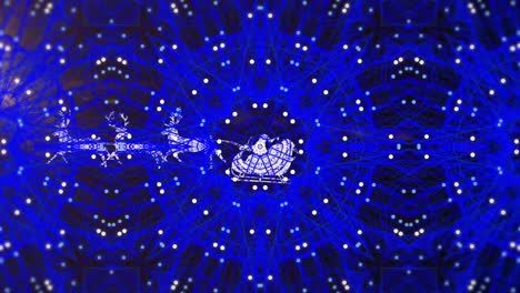 animation of santa claus in sleigh with reindeer over snow falling on blue kaleidoscope background